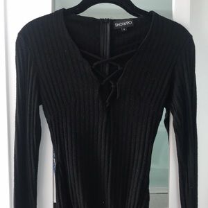 Showpo Black Lace-up long sleeve bodysuit